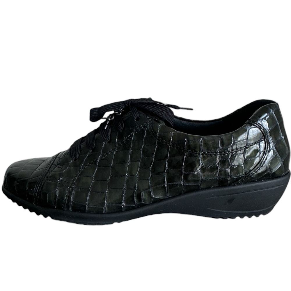 Ara Women's 10 Libby Anthracite Croc Patent Leather Lace Up Wedge Oxford